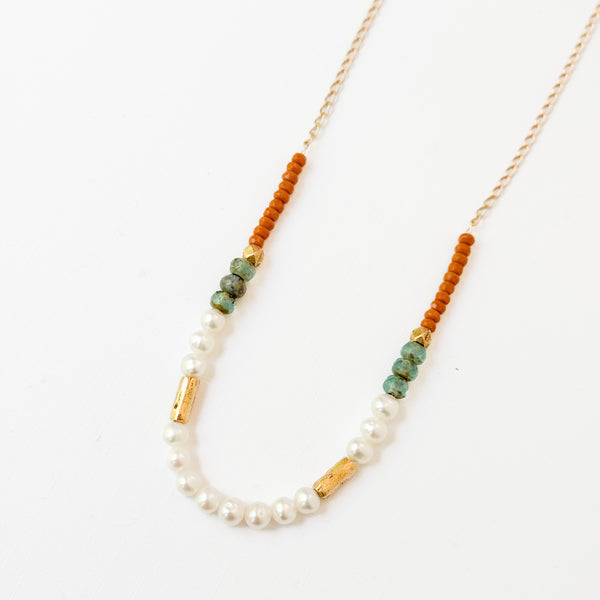 Dainty Pearl Necklace With Touches Of Gold And Aqua Beads