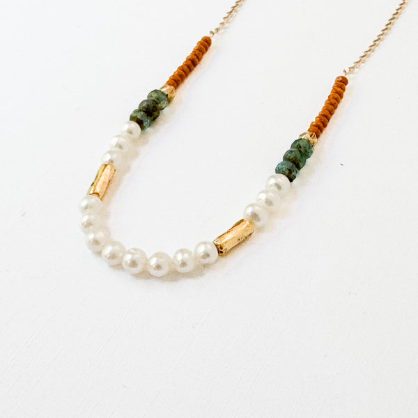 Dainty Pearl Necklace With Touches Of Gold And Aqua Beads