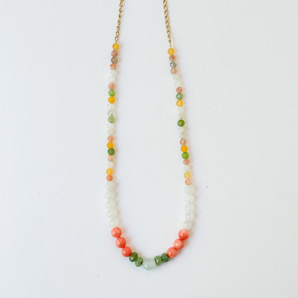 Dainty Coral Necklace with Aquamarine, Moonstone, And Corals