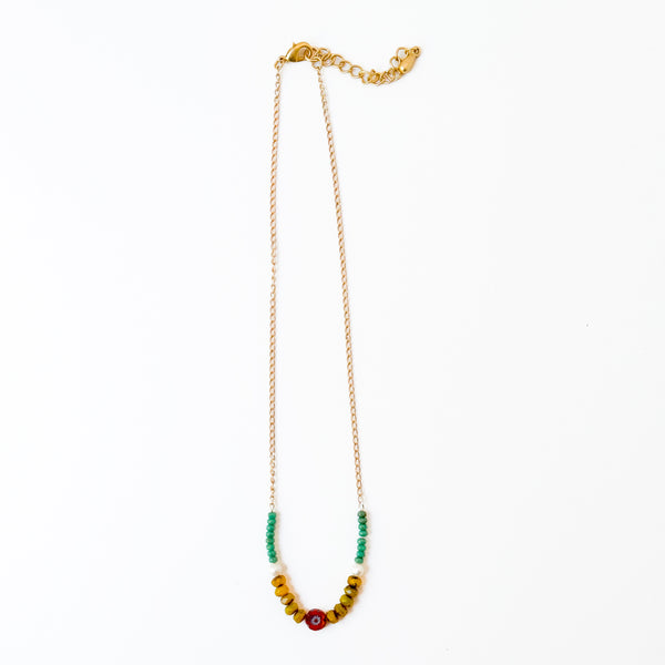 Dainty Flower Necklace with Pearls, Chartreuse & Turquoise