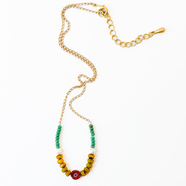 Dainty Flower Necklace with Pearls, Chartreuse & Turquoise