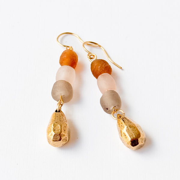 African Recycled Glass Gold Drop Earrings