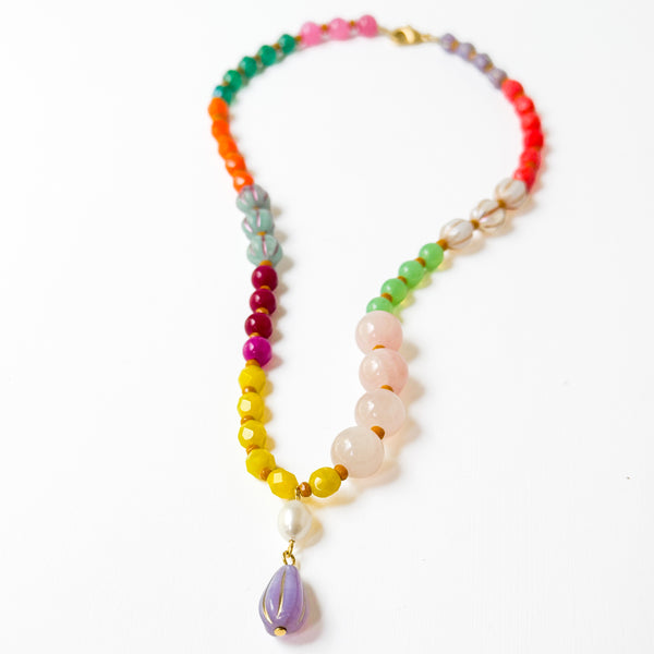 Pink Mixed-Size And Color Glass Bead Pendant Necklace