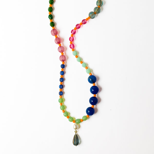 Blue Mixed-Size And Color Glass Bead Pendant Necklace
