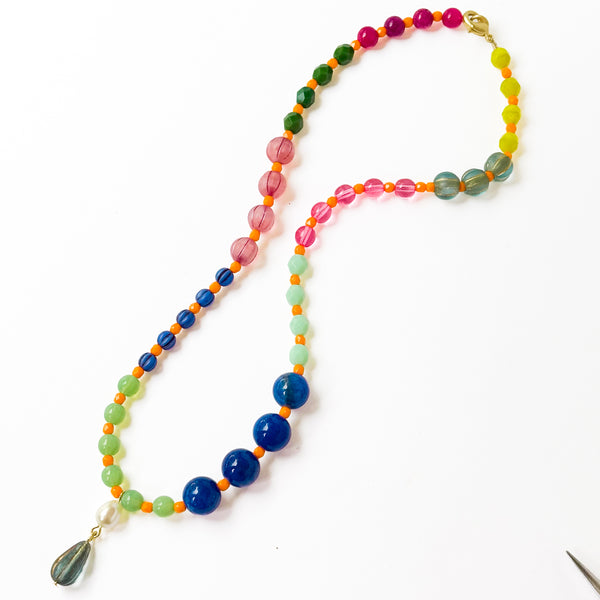 Blue Mixed-Size And Color Glass Bead Pendant Necklace