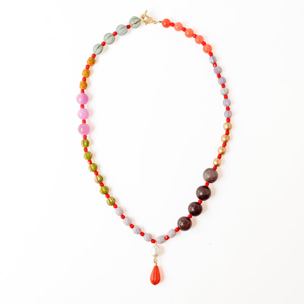 Dark Grey  Mixed-Size And Color Glass Bead Pendant Necklace