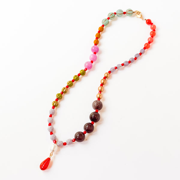 Mixed-Size And Color Glass Bead Pendant Necklace