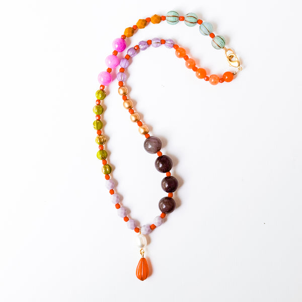 Mixed-Size And Color Glass Bead Pendant Necklace