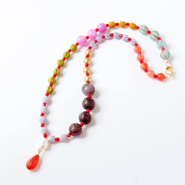 Dark Grey  Mixed-Size And Color Glass Bead Pendant Necklace