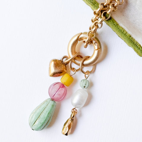 Long Gold Charm Mint Bead Necklace | Convertible Layering Necklace