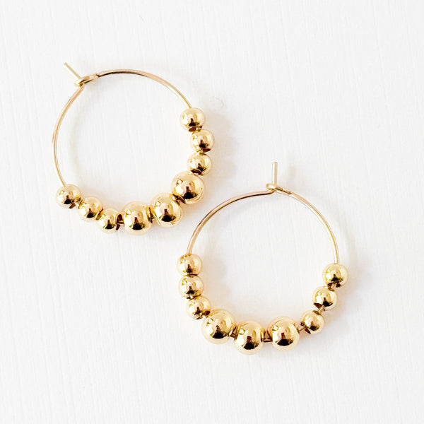 Dainty Gold-Filled Beaded Hoop Earrings, Waterproof Minimalist Hoops