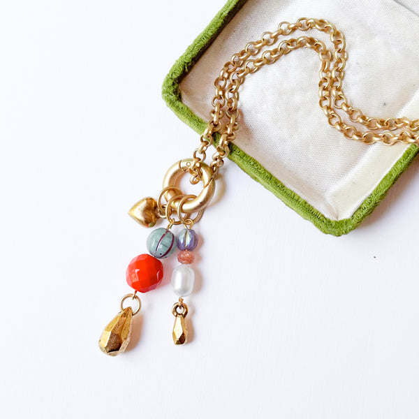 Long Charm Red Bead Necklace | Convertible Gold Rolo Chain