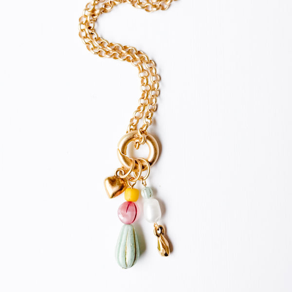 Long Gold Charm Mint Bead Necklace | Convertible Layering Necklace