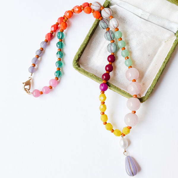 Pink Mixed-Size And Color Glass Bead Pendant Necklace