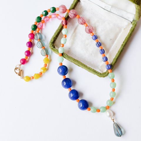 Blue Mixed-Size And Color Glass Bead Pendant Necklace