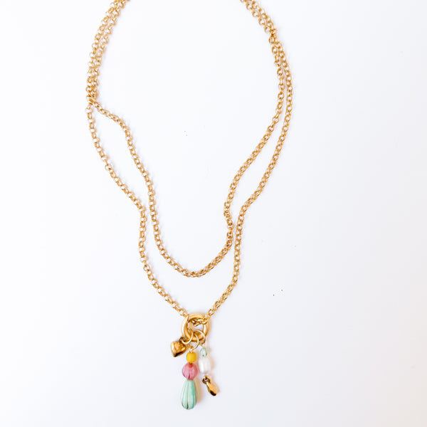 Long Gold Charm Mint Bead Necklace | Convertible Layering Necklace