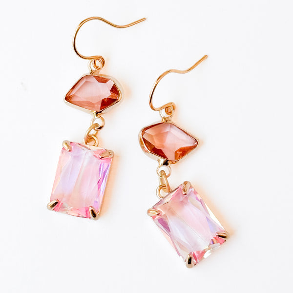 Pink And Peach Faceted Glass Drop Earrings