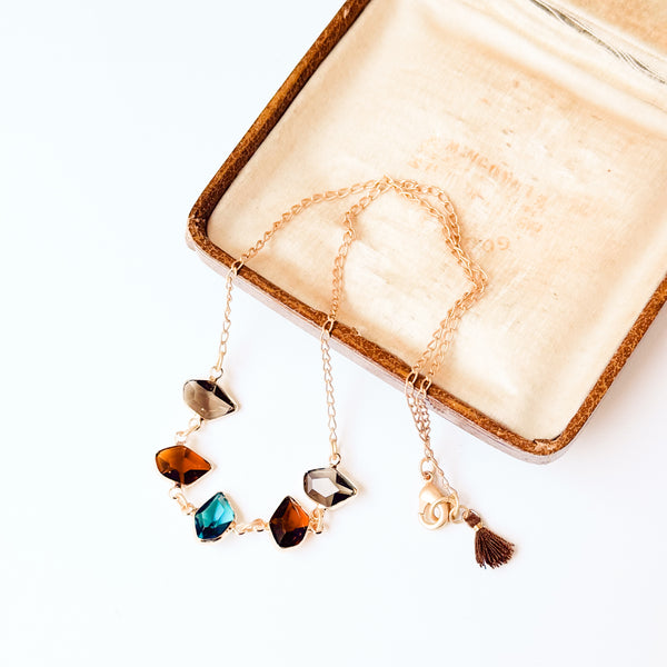 Faceted Glass Necklace | Satin Gold Chain & Tassel