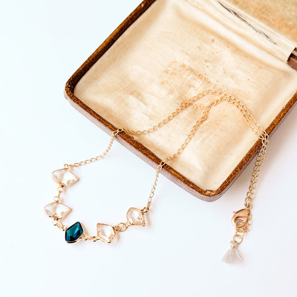 Faceted Glass Necklace | Satin Gold Chain & Tassel