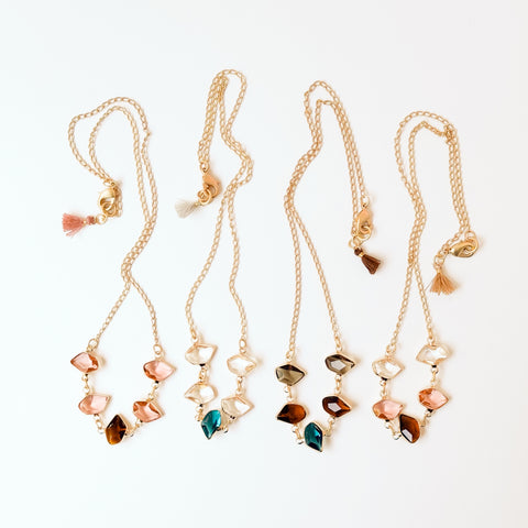 Faceted Glass Necklace | Satin Gold Chain & Tassel
