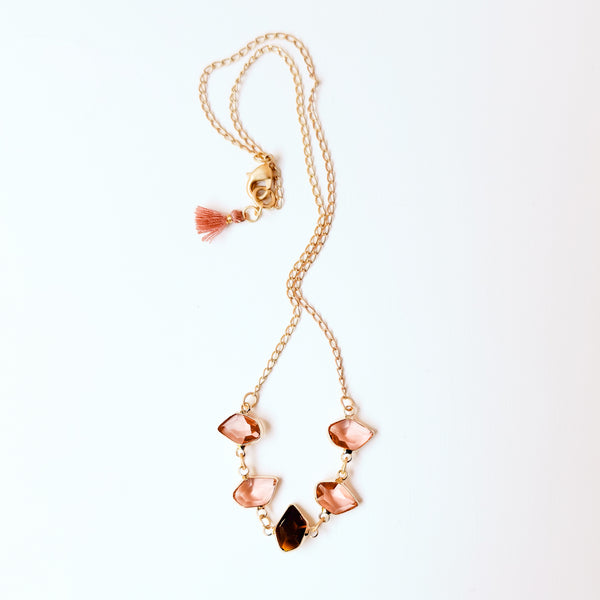 Faceted Glass Necklace | Satin Gold Chain & Tassel