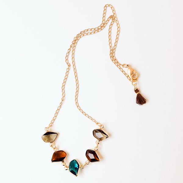 Faceted Glass Necklace | Satin Gold Chain & Tassel