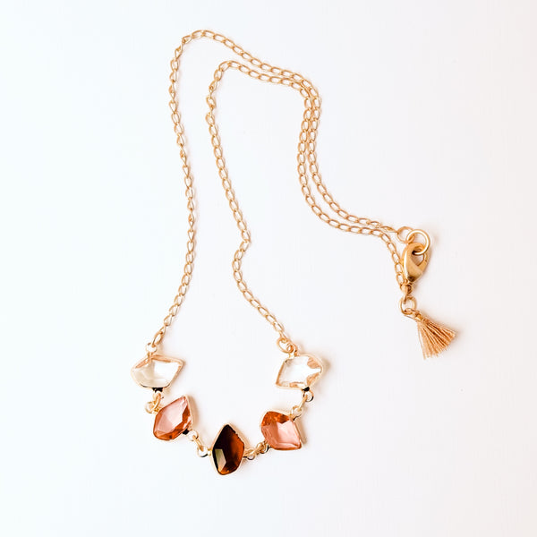 Faceted Glass Necklace | Satin Gold Chain & Tassel