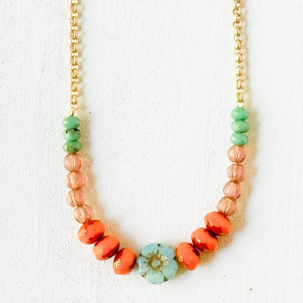 Tiny Blue Flower and Bead Necklace
