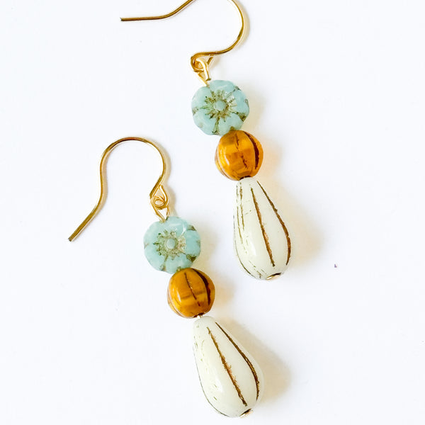 Flower and long Oval bead Earrings