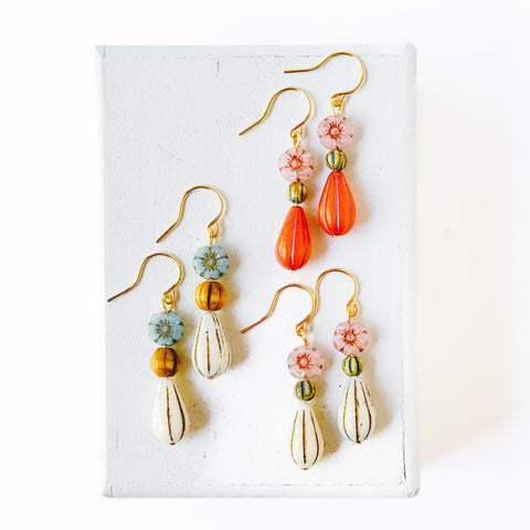 Flower and long Oval bead Earrings
