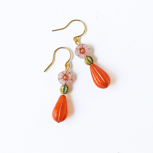Flower and long Oval bead Earrings