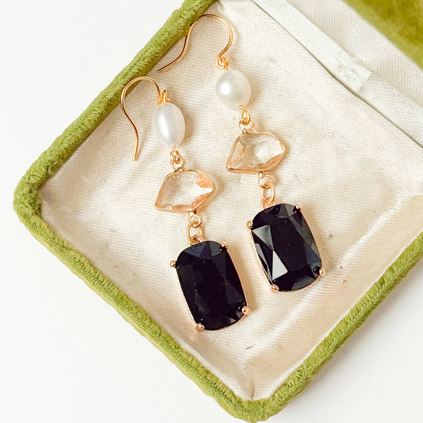 Festive Black Glass & Freshwater Pearl Statement Earrings
