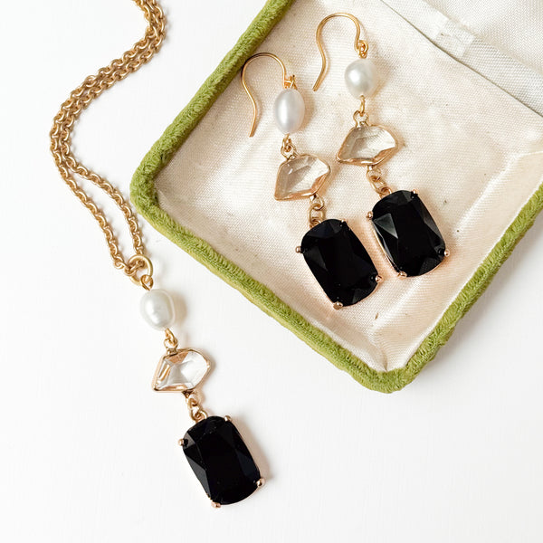 Set Of Black Glass & Freshwater Pearls- Necklace| Earrings
