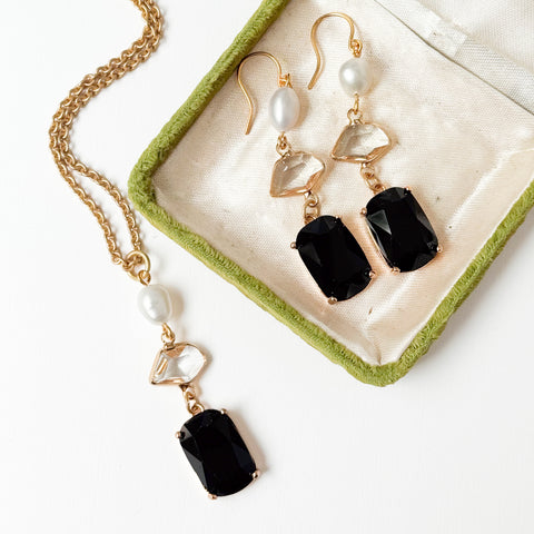Set Of Black Glass & Freshwater Pearls- Necklace| Earrings