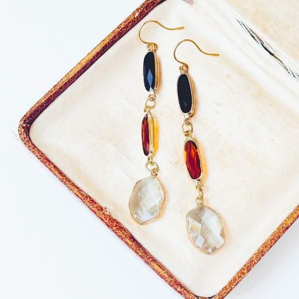 Black Brown Clear Faceted Glass Long Drop Earrings