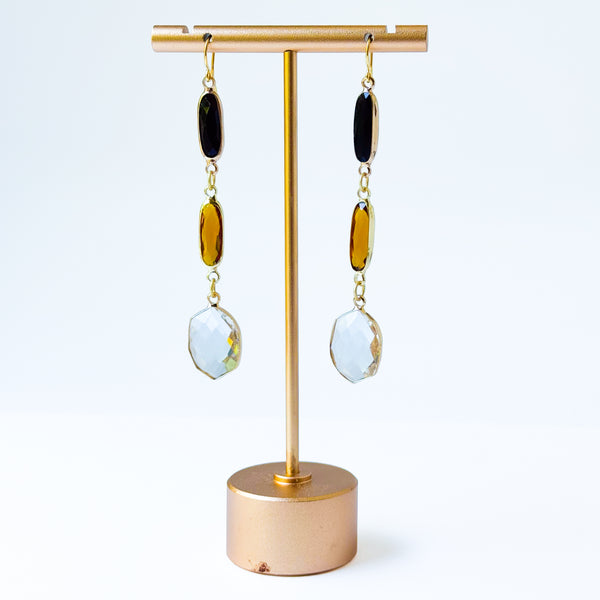 Black Brown Clear Faceted Glass Long Drop Earrings