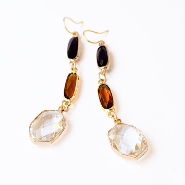 Black Brown Clear Faceted Glass Long Drop Earrings