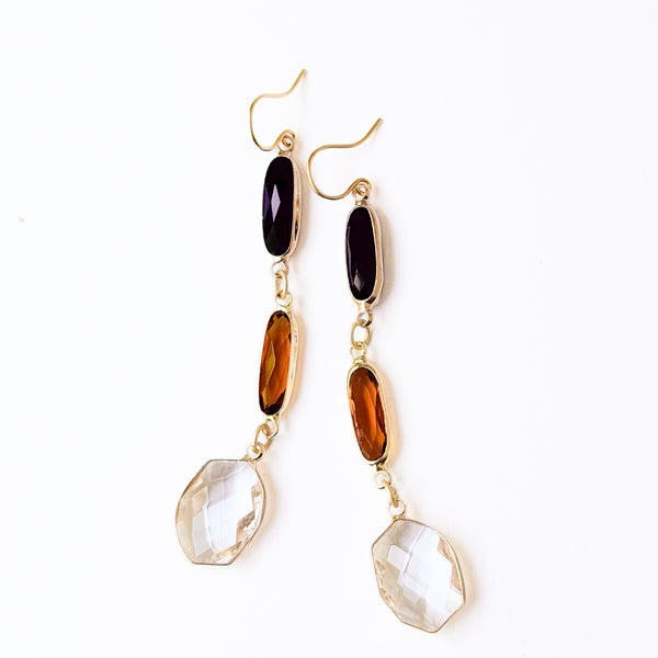Black Brown Clear Faceted Glass Long Drop Earrings