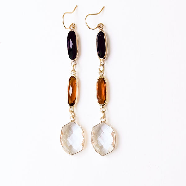 Black Brown Clear Faceted Glass Long Drop Earrings