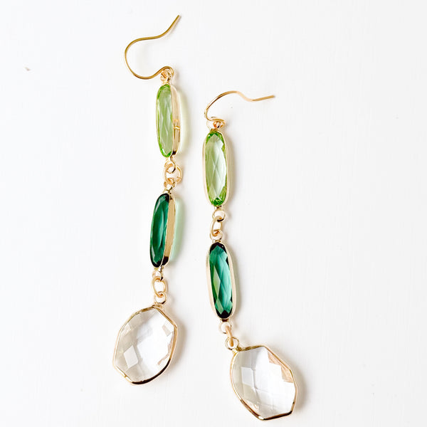 Green Clear Faceted Glass Statement Dangle Earrings
