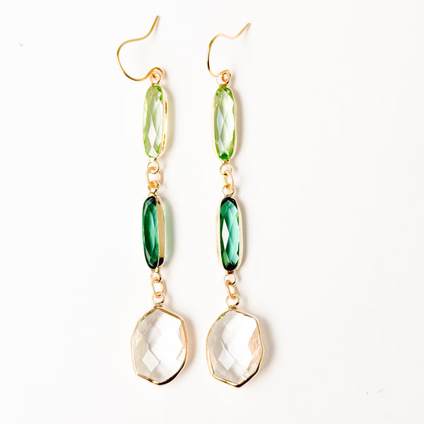 Green Clear Faceted Glass Statement Dangle Earrings