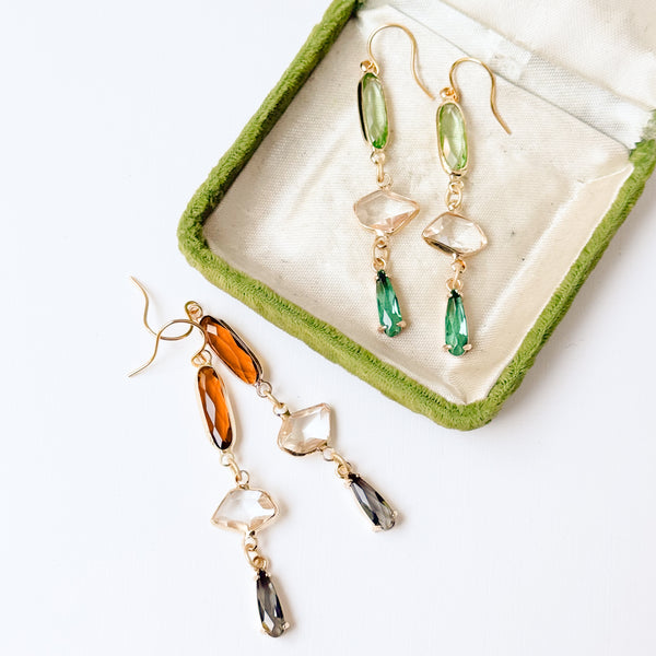 Long Gold Dangle Earrings with Colorful Faceted Glass Drops