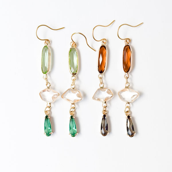 Long Gold Dangle Earrings with Colorful Faceted Glass Drops