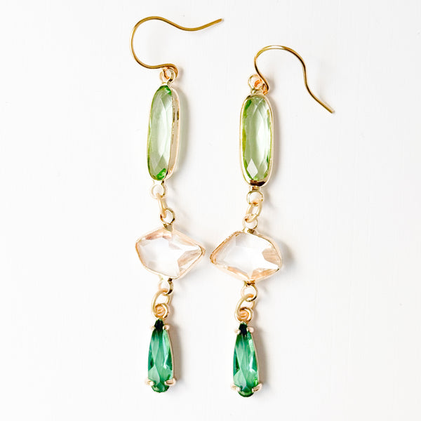 Long Gold Dangle Earrings with Colorful Faceted Glass Drops