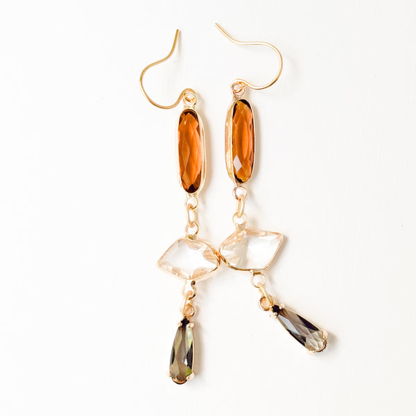 Long Gold Dangle Earrings with Colorful Faceted Glass Drops