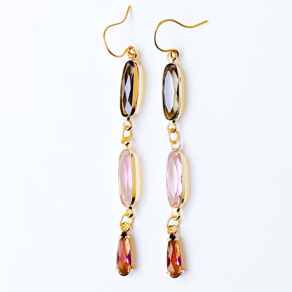 Long Gold Dangle Earrings with Pink Brown Faceted Glass Drop