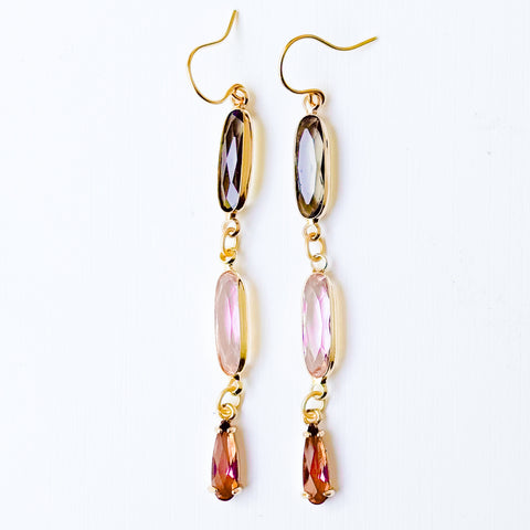 Long Gold Dangle Earrings with Pink Brown Faceted Glass Drop