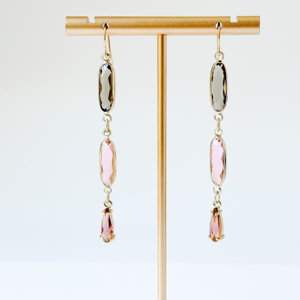 Long Gold Dangle Earrings with Pink Brown Faceted Glass Drop