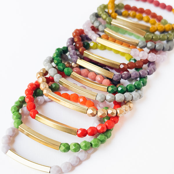 Two-Tone Colorful Stretchy Bead Bracelets with Brass Tubes