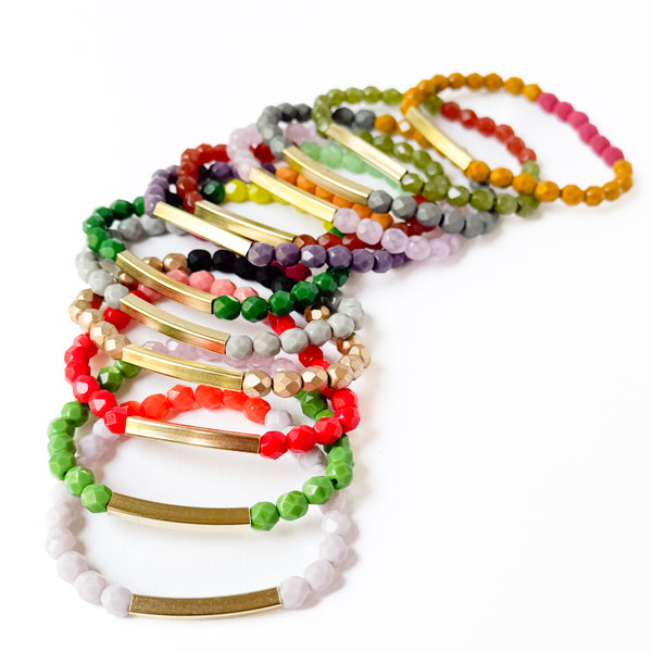 Two-Tone Colorful Stretchy Bead Bracelets with Brass Tubes
